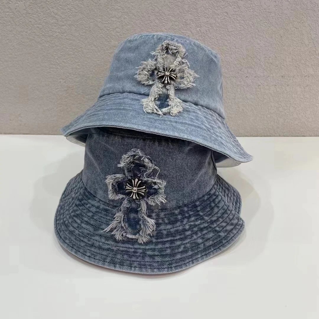 Denim Bucket Hat Light Blue Distressed Cross Embellished Casual