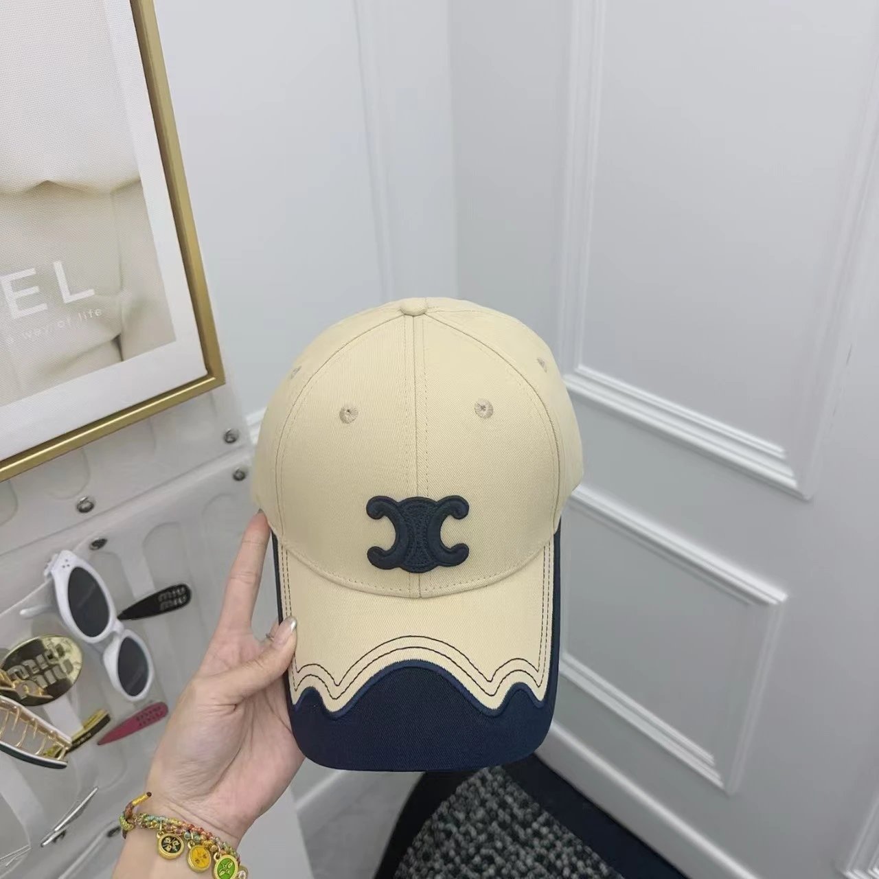 Celine Logo Embroidered Gray And Beige Wavy Brim Baseball Cap