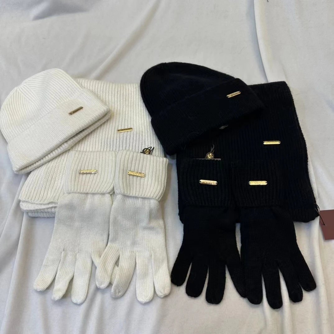 Knitted Beanie Scarf Gloves Set White and Black Gold Accent Winter Accessories