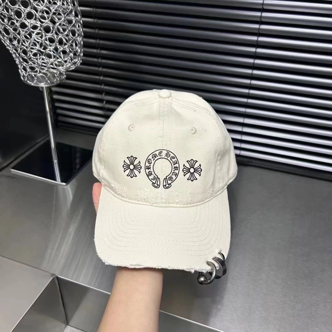 Chrome Hearts Embroidered Distressed Baseball Cap Gray Beige White Navy Streetwear