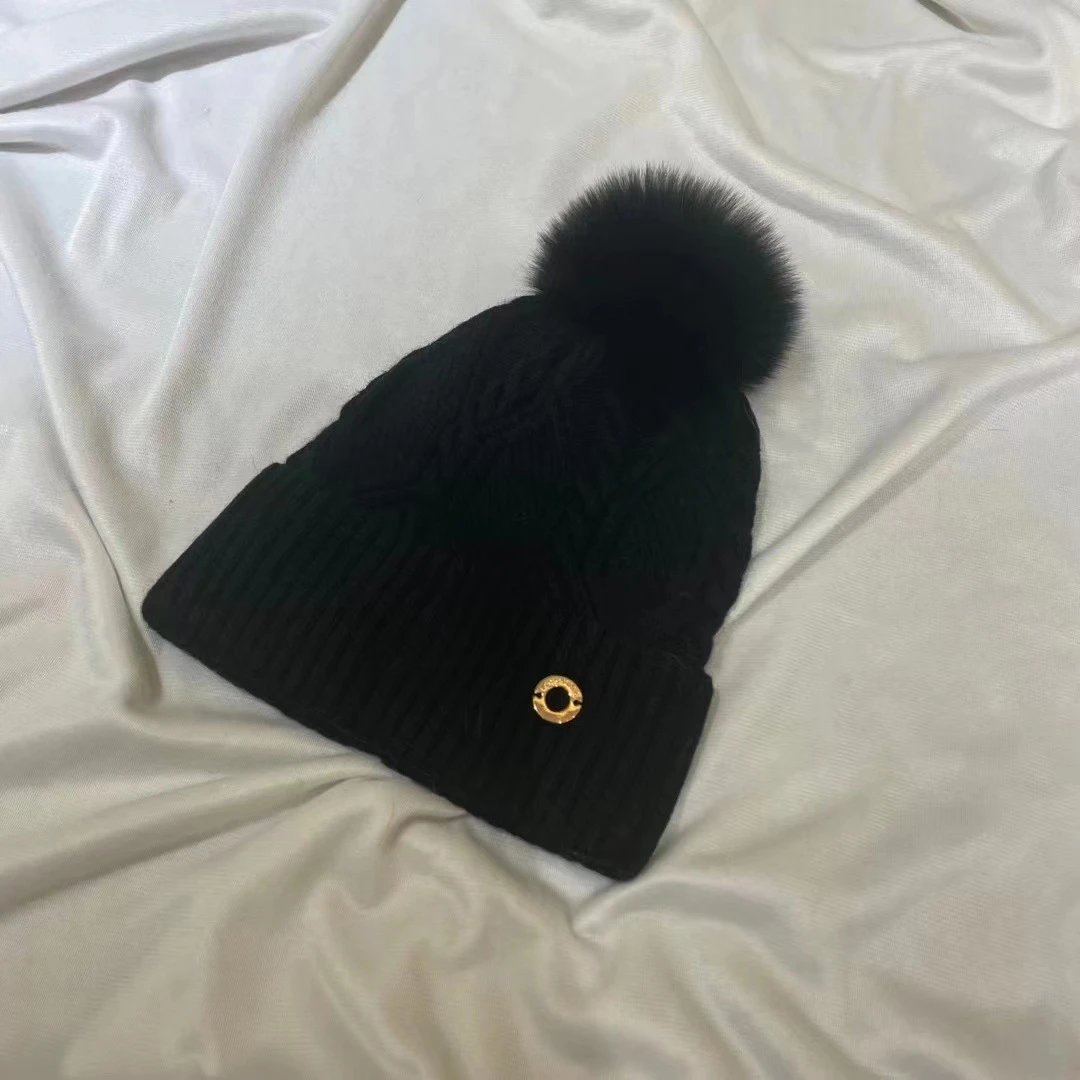 Cable Knit Beanie Hat with Fur Pom Pom in Navy Red Taupe Grey Black White