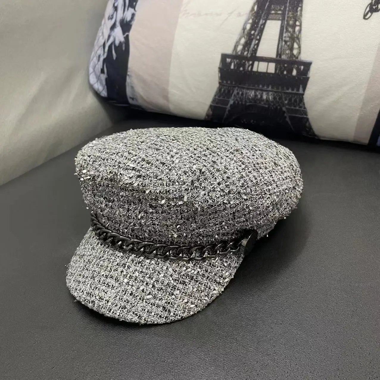 Tweed Baker Boy Cap Gray Chain Detail Military Style
