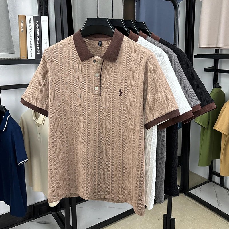 Polo Ralph Lauren Shirts Short-Sleeve Cable-Knit Shirt with Contrast Collar — Light coffee