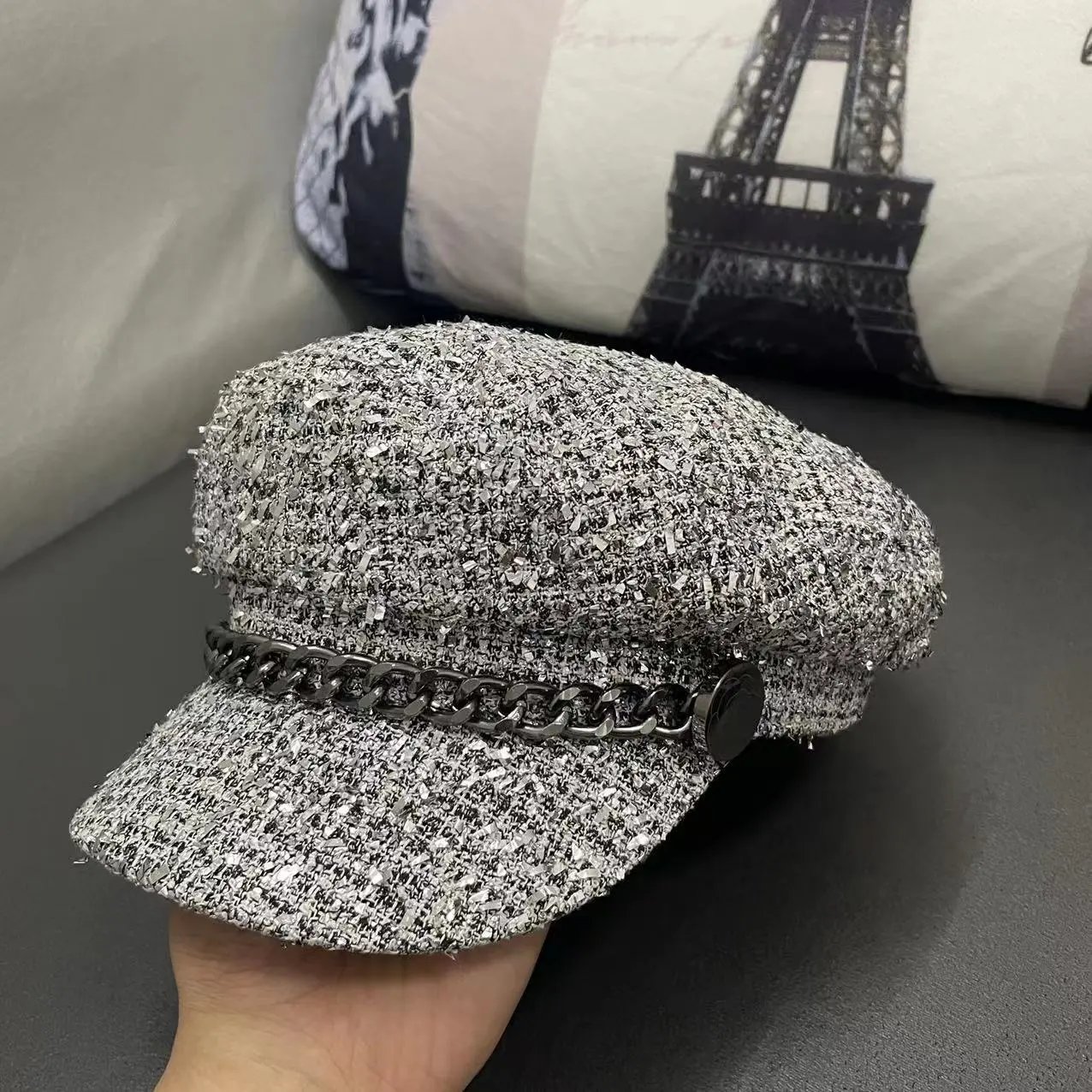 Tweed Baker Boy Cap Gray Chain Detail Military Style