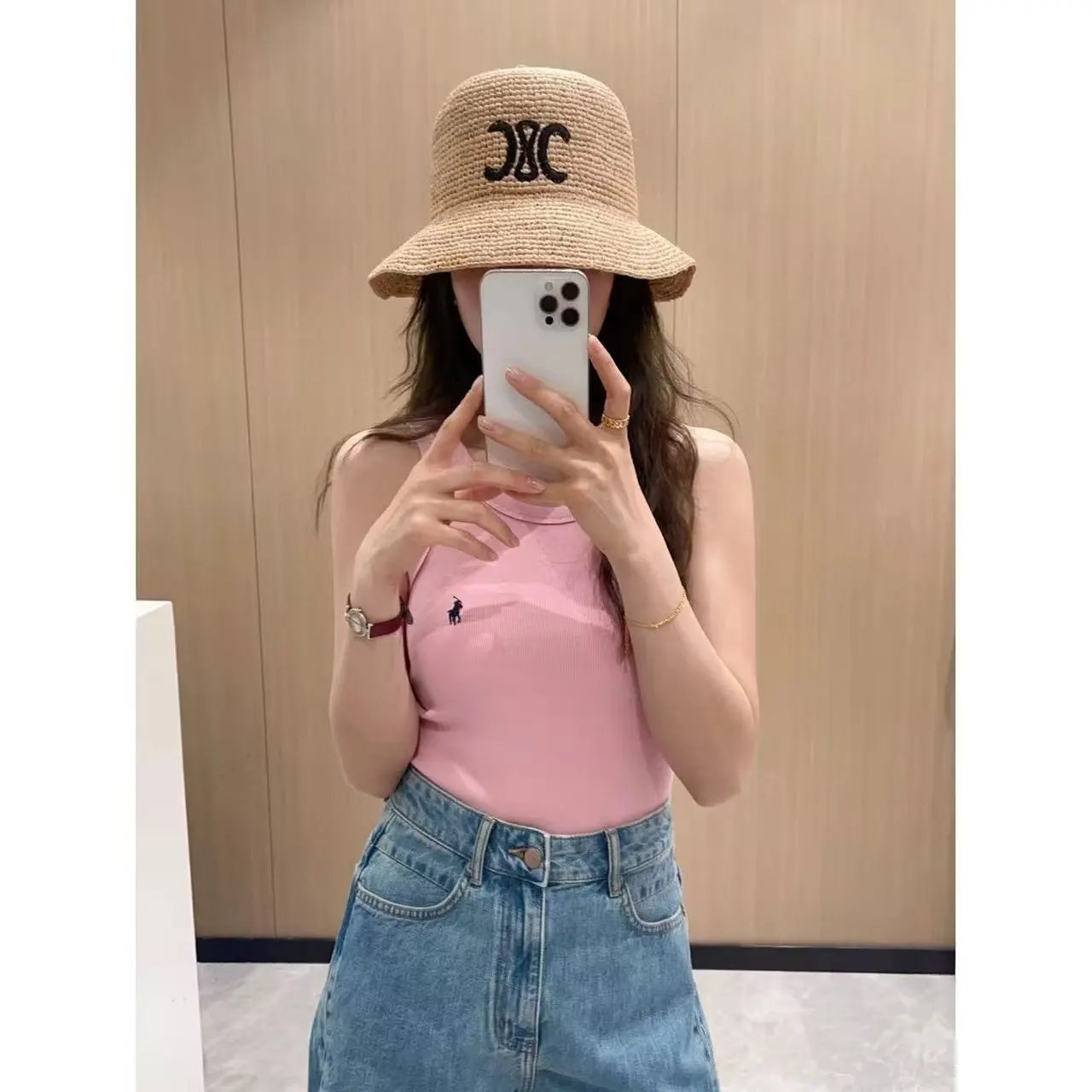 Straw Bucket Hat Beige Embroidered Logo Casual