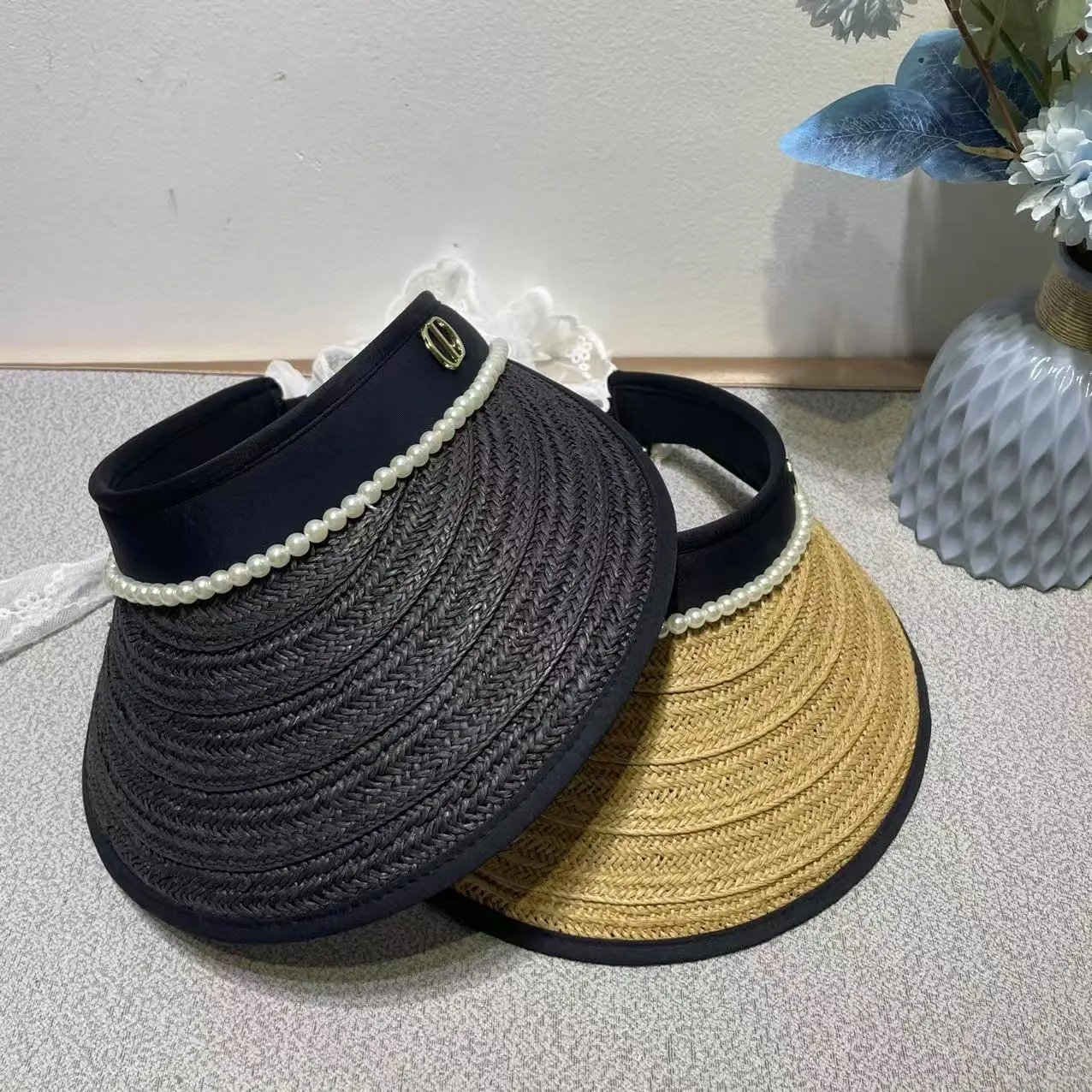 Dior Visor Black Beige Woven Pearl Embellished Sun Hat