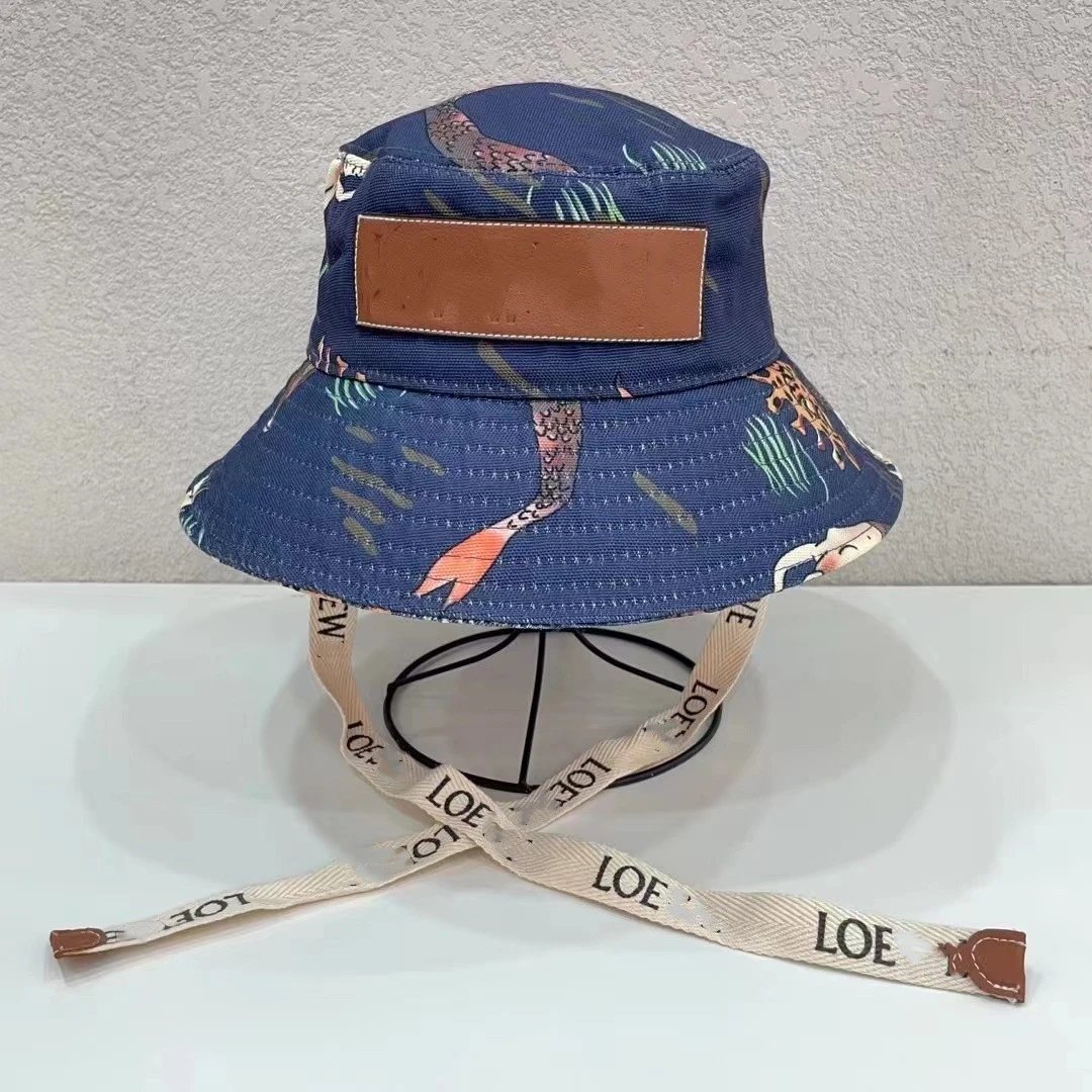 Unbranded Hats Printed wide-brim bucket hat with chin strap — Dark blue