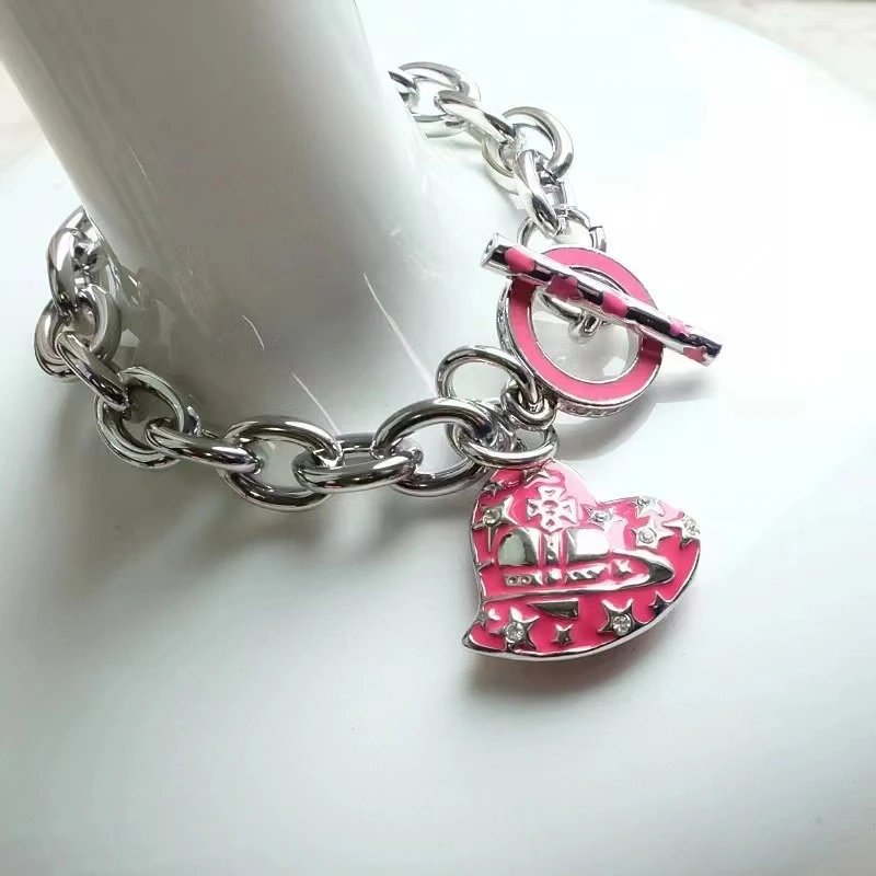 Silver Tone Chain Bracelet Turquoise Enamel Heart Charm with Star Rhinestones