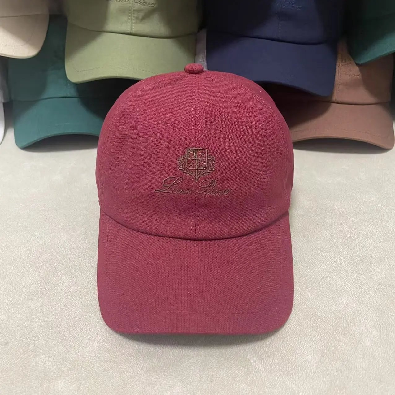 Loro Piana Hats Embroidered Crest Baseball Cap — Wine red