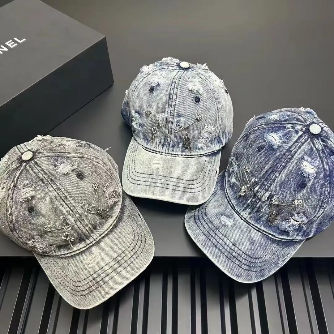 Denim Baseball Cap Distressed Gray Blue Embellished Streetwear