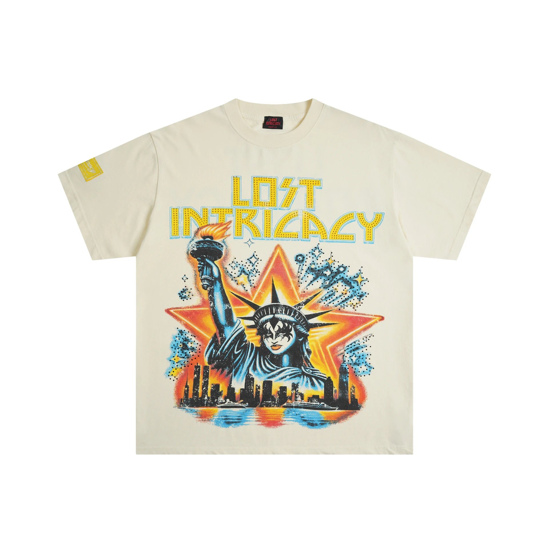 Graphic Tee Cream Yellow Studded Bold Letter Print Casual T-Shirt