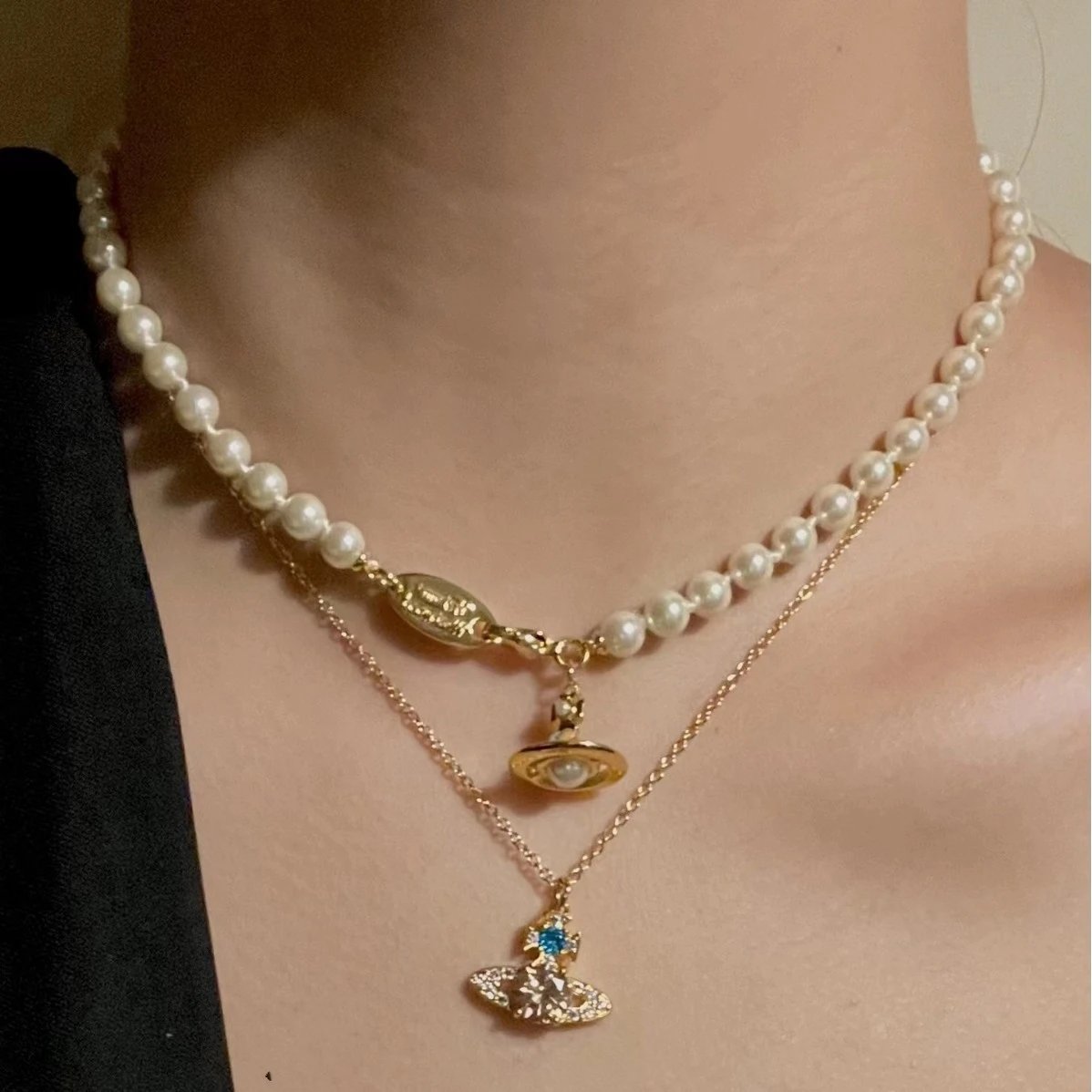 Vivienne Westwood Pearl Necklace Silver Gold Turquoise Orb Pendant
