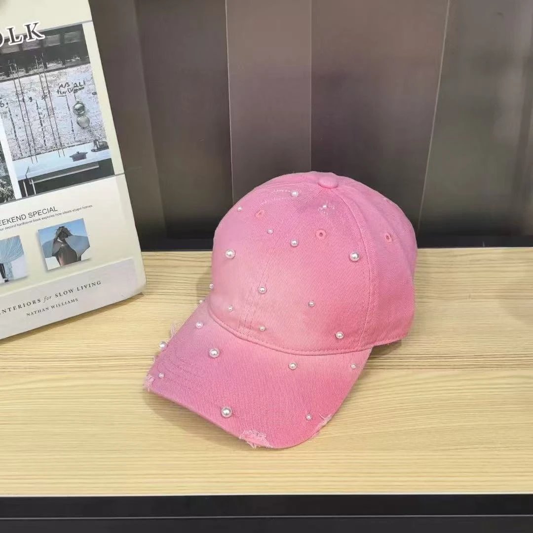 Pearl Embellished Denim Baseball Cap Pink Blue White Black Distressed