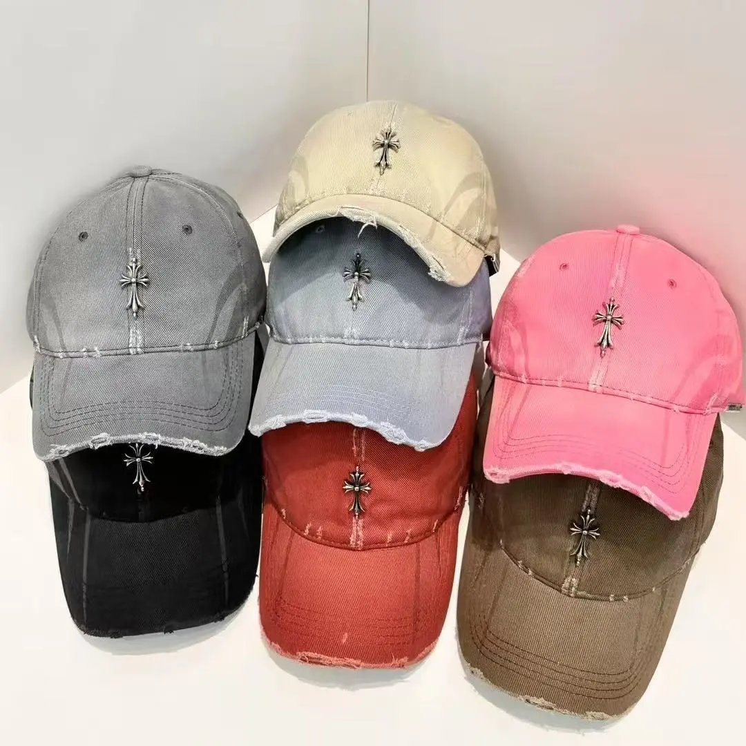 Distressed Denim Baseball Cap with Silver Cross Embroidery