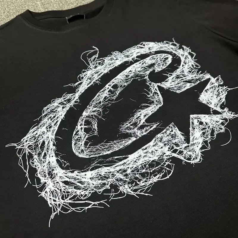 White Cotton T-Shirt with Black Scribble Star Logo Graphic Tee