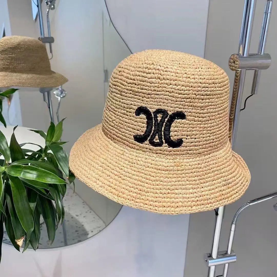 Straw Bucket Hat Beige Embroidered Logo Casual