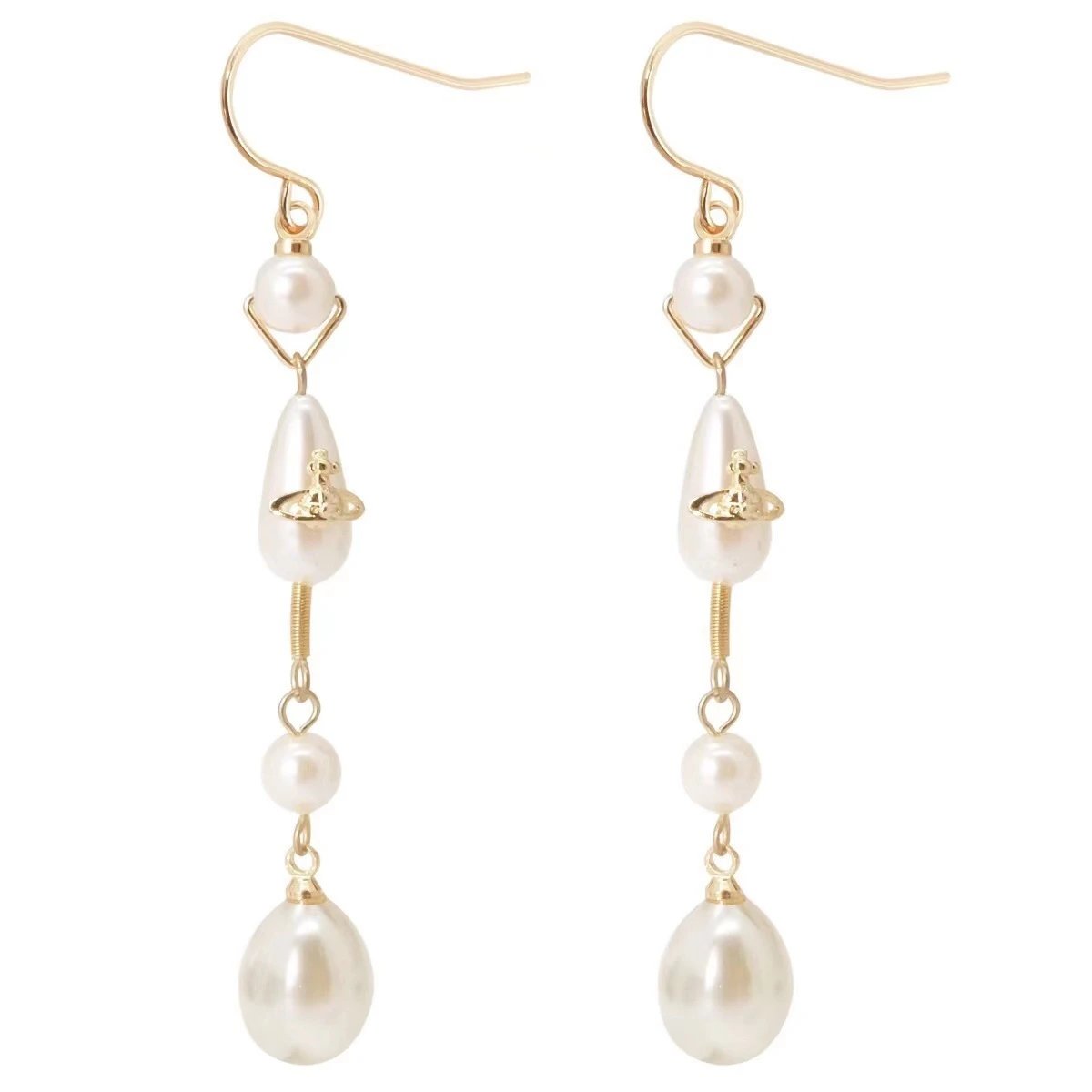 Gold-Tone Pearl Drop Earrings Cream White Elegant Dangling Earrings