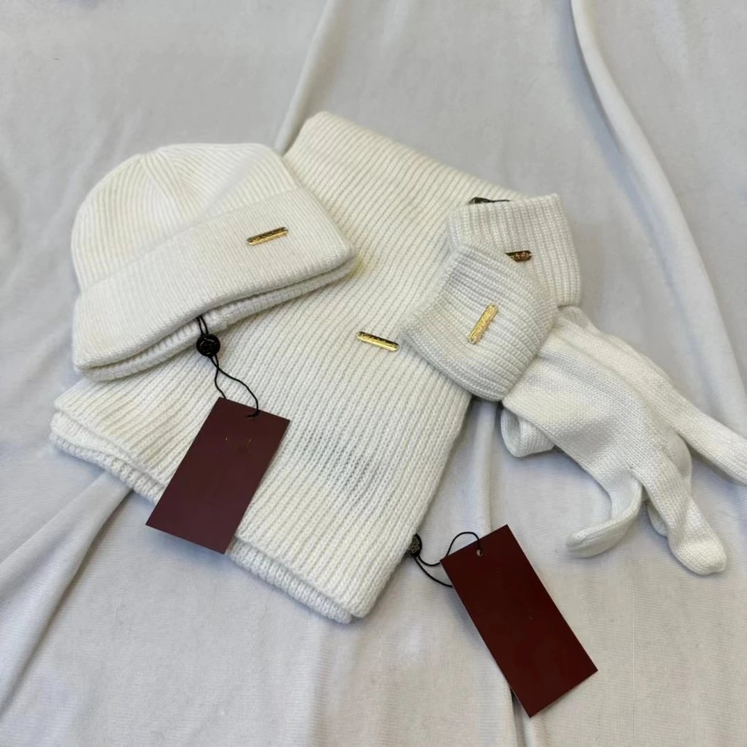 Knitted Beanie Scarf Gloves Set White and Black Gold Accent Winter Accessories