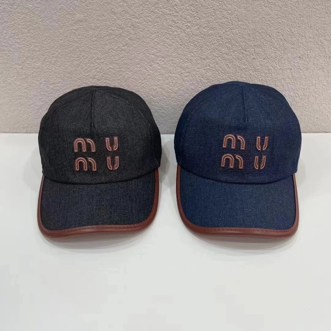 Miu Miu Denim Navy Brown Embroidered Baseball Cap