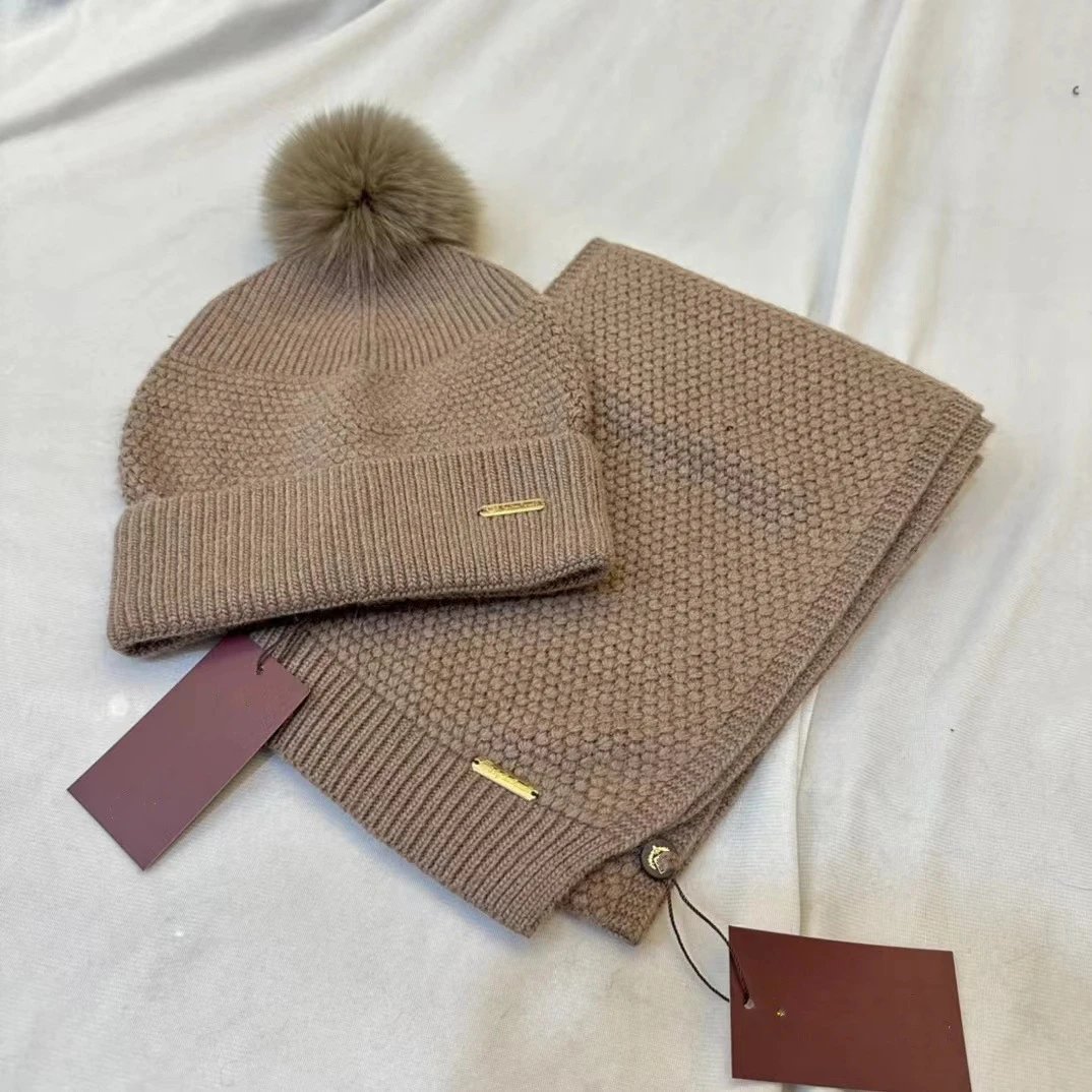 Unbranded Knit Pom-Pom Beanie and Scarf Set — Camel color