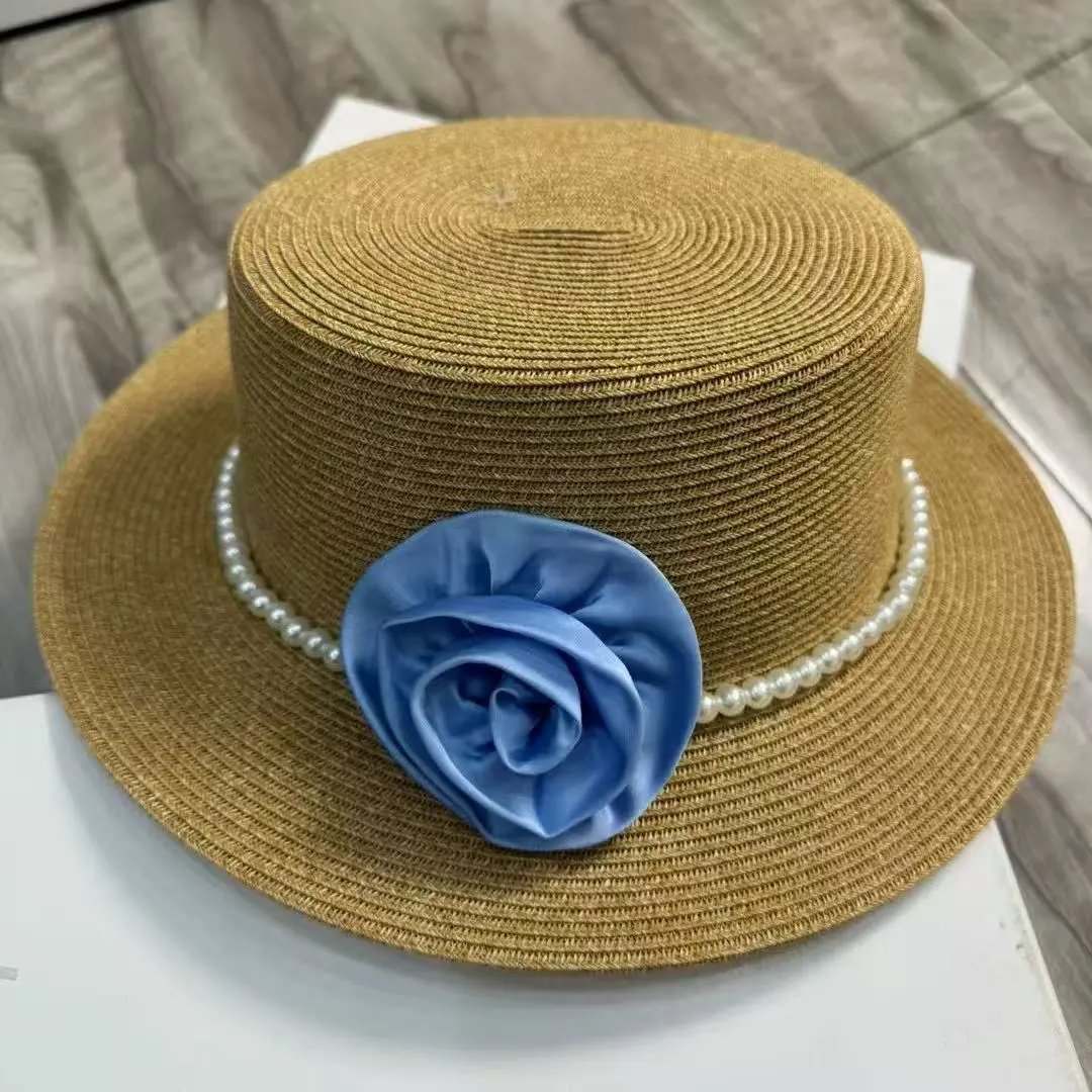 Straw Fedora Hat Beige Pink White Blue Black Floral Pearl Trim