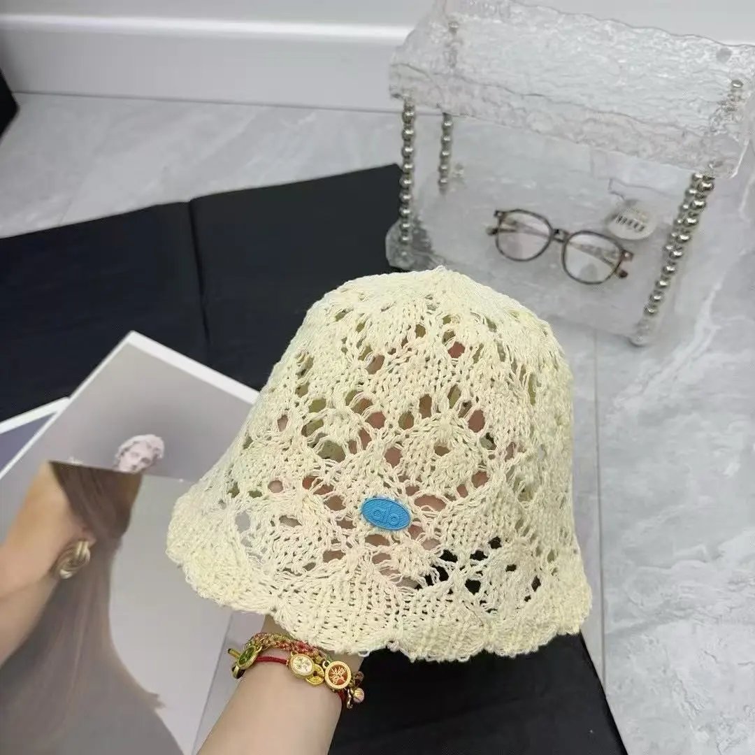 alo Hats Crochet openwork bucket hat with scalloped brim — Apricot color