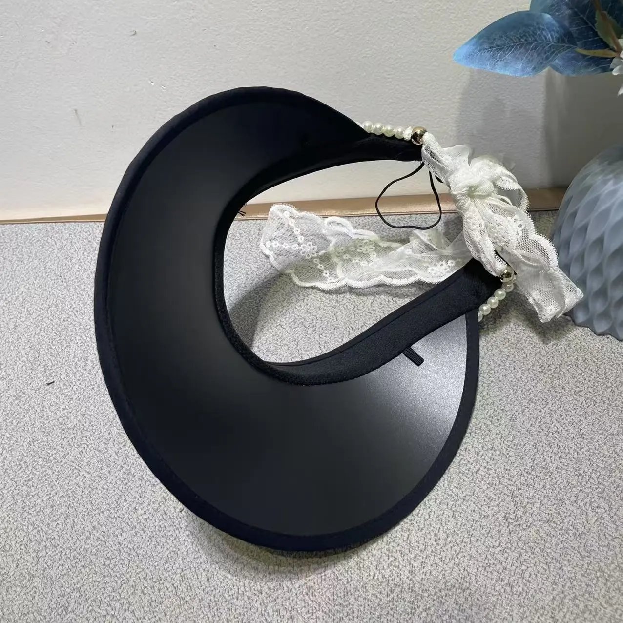 Dior Visor Black Beige Woven Pearl Embellished Sun Hat