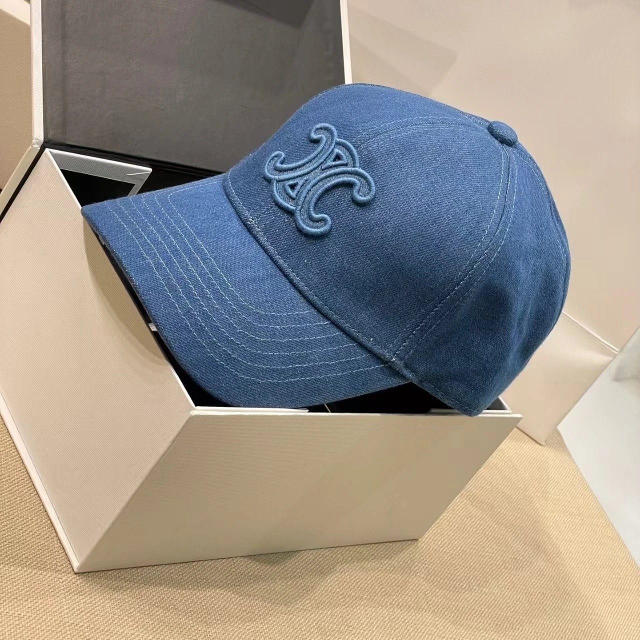 Denim Baseball Cap Blue Black Embroidered Logo Casual Hat