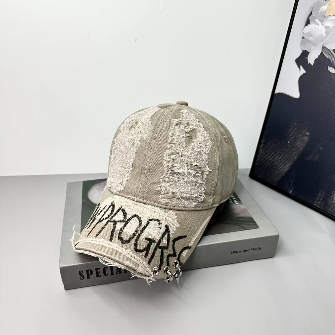 Distressed White Denim Baseball Cap with Graffiti Print and Metal Rivets