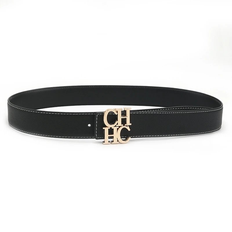 Carolina Herrera Belts CH monogram buckle pebbled belt — Black gold clasp with white line and lychee pattern