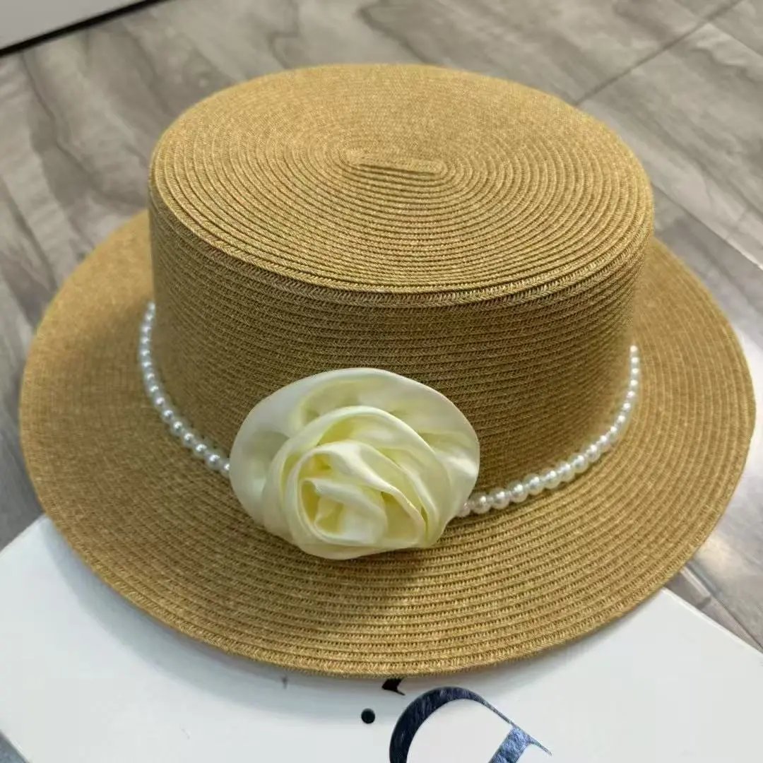 Straw Fedora Hat Beige Pink White Blue Black Floral Pearl Trim