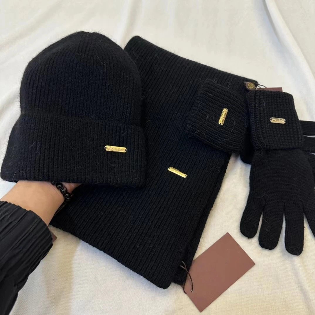 Knitted Beanie Scarf Gloves Set White and Black Gold Accent Winter Accessories