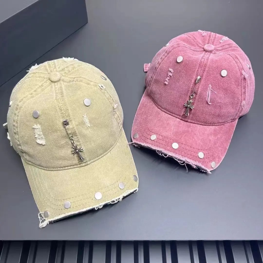 Distressed Denim Baseball Cap with Cross Charm and Rivets Vintage Style