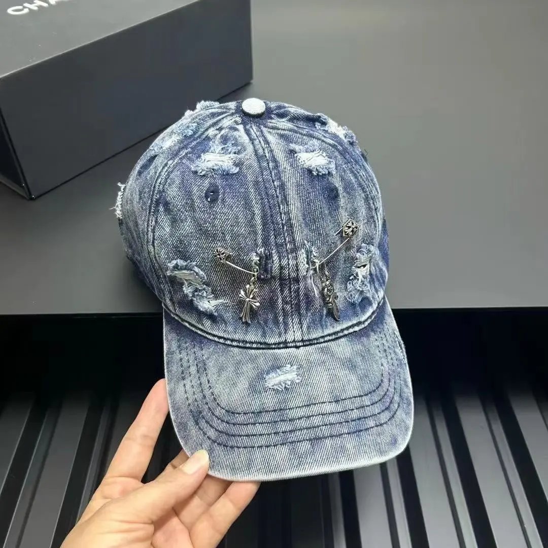 Denim Baseball Cap Distressed Gray Blue Embellished Streetwear