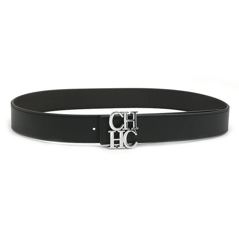 Carolina Herrera Belts CH monogram buckle pebbled belt — Flat black/coffee silver buckle