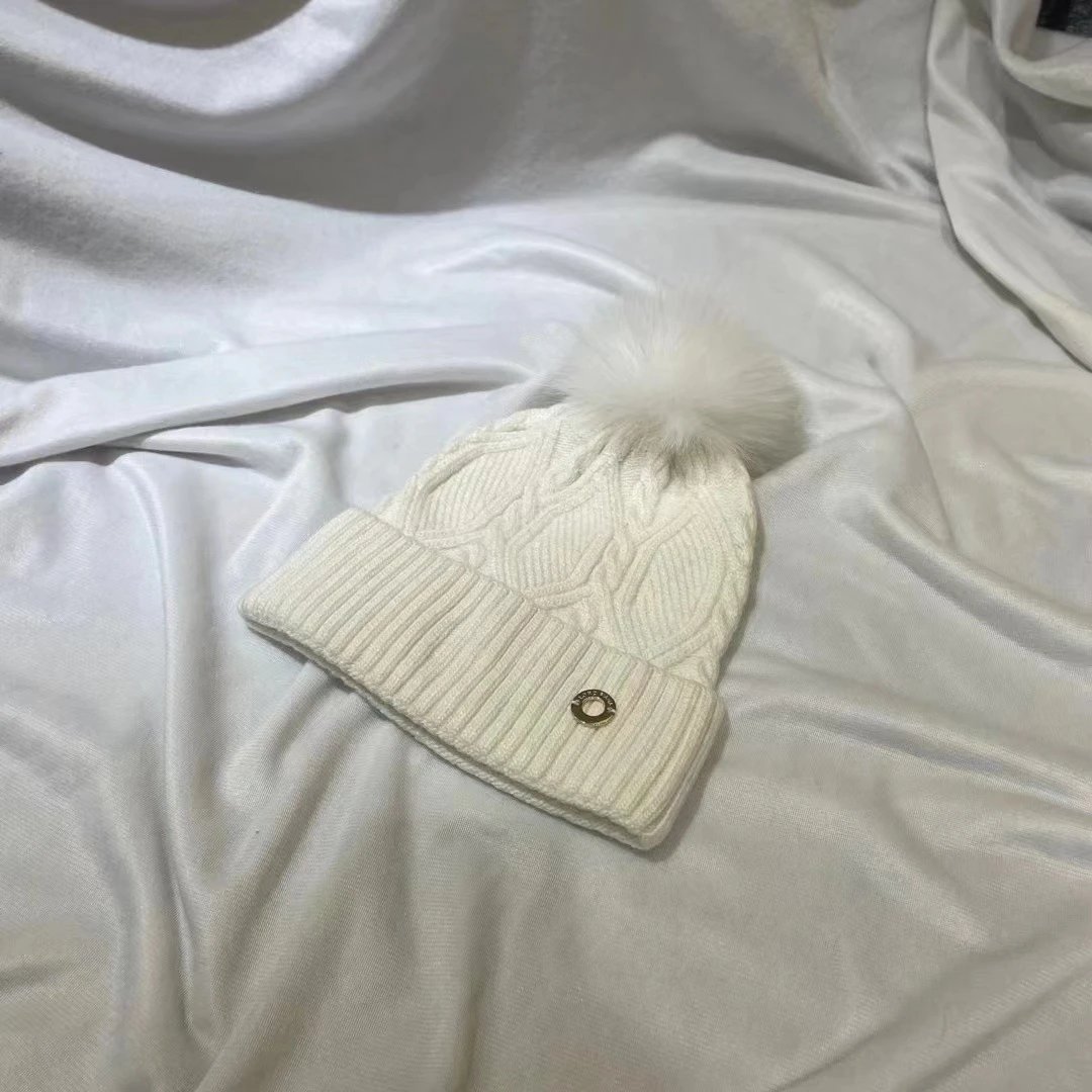 Cable Knit Beanie Hat with Fur Pom Pom in Navy Red Taupe Grey Black White