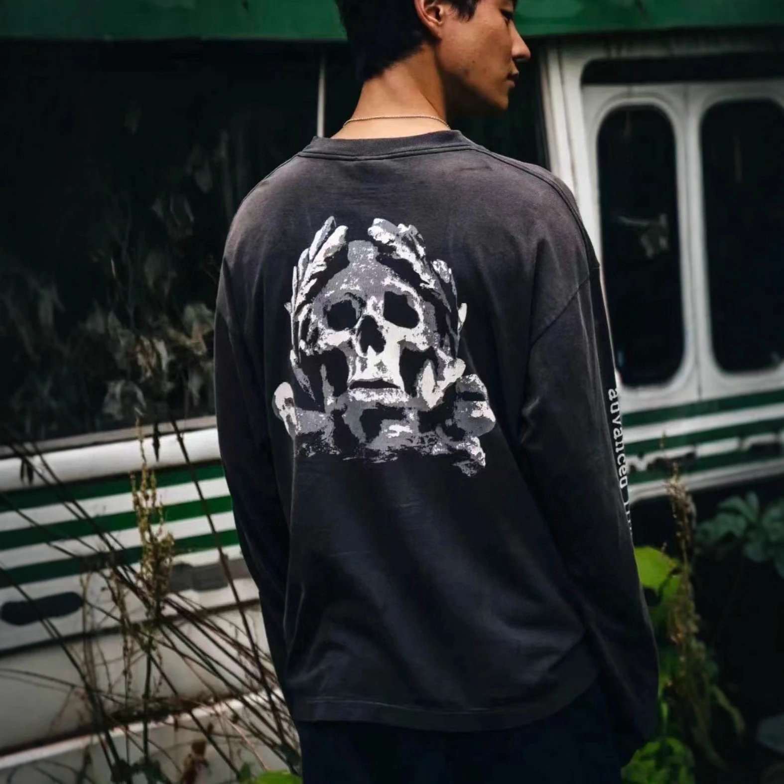 Skull Print Charcoal Washed Oversized Long Sleeve T-Shirt