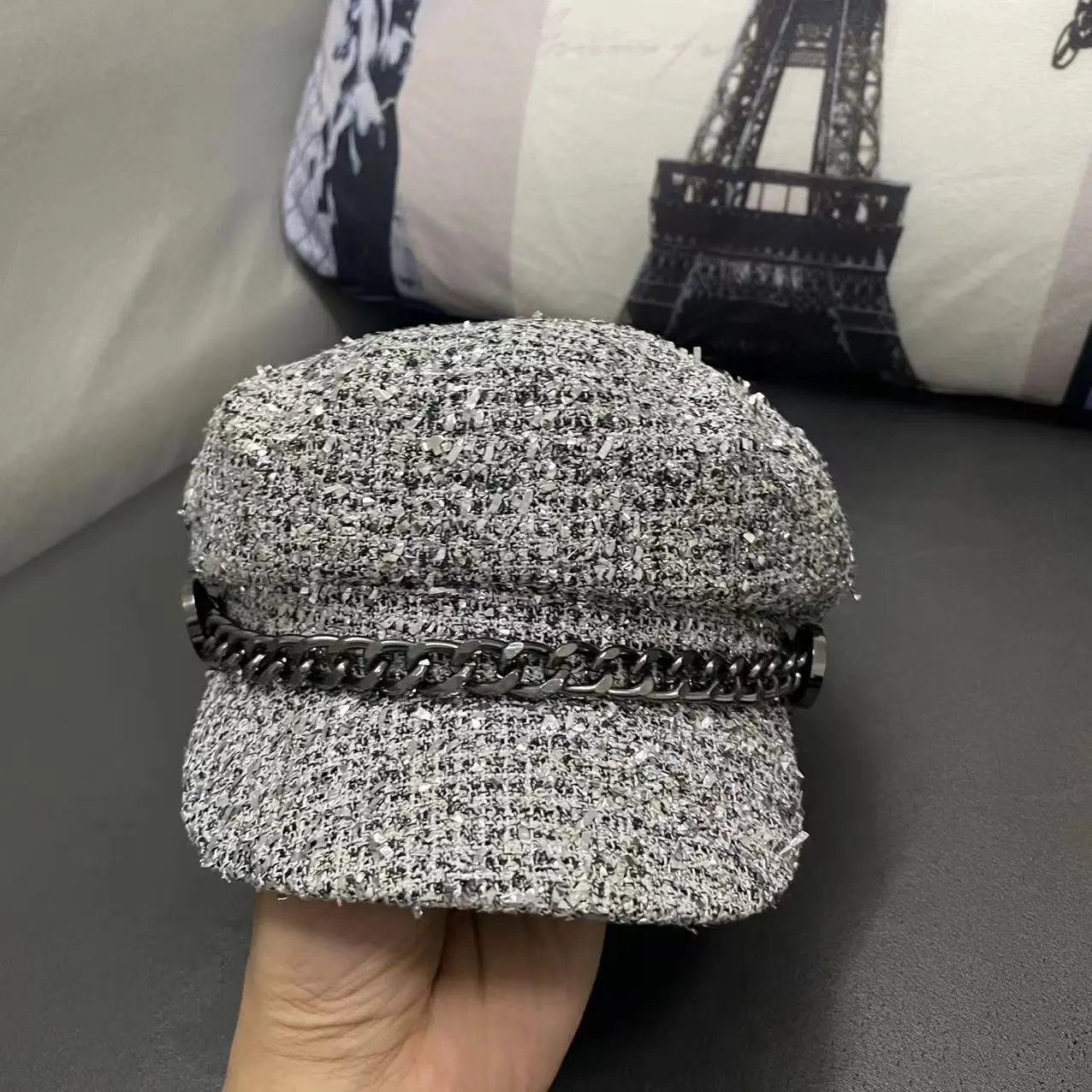 Tweed Baker Boy Cap Gray Chain Detail Military Style