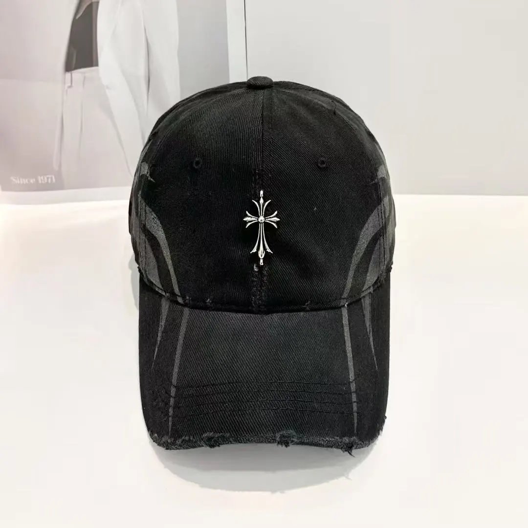 Distressed Denim Baseball Cap with Silver Cross Embroidery