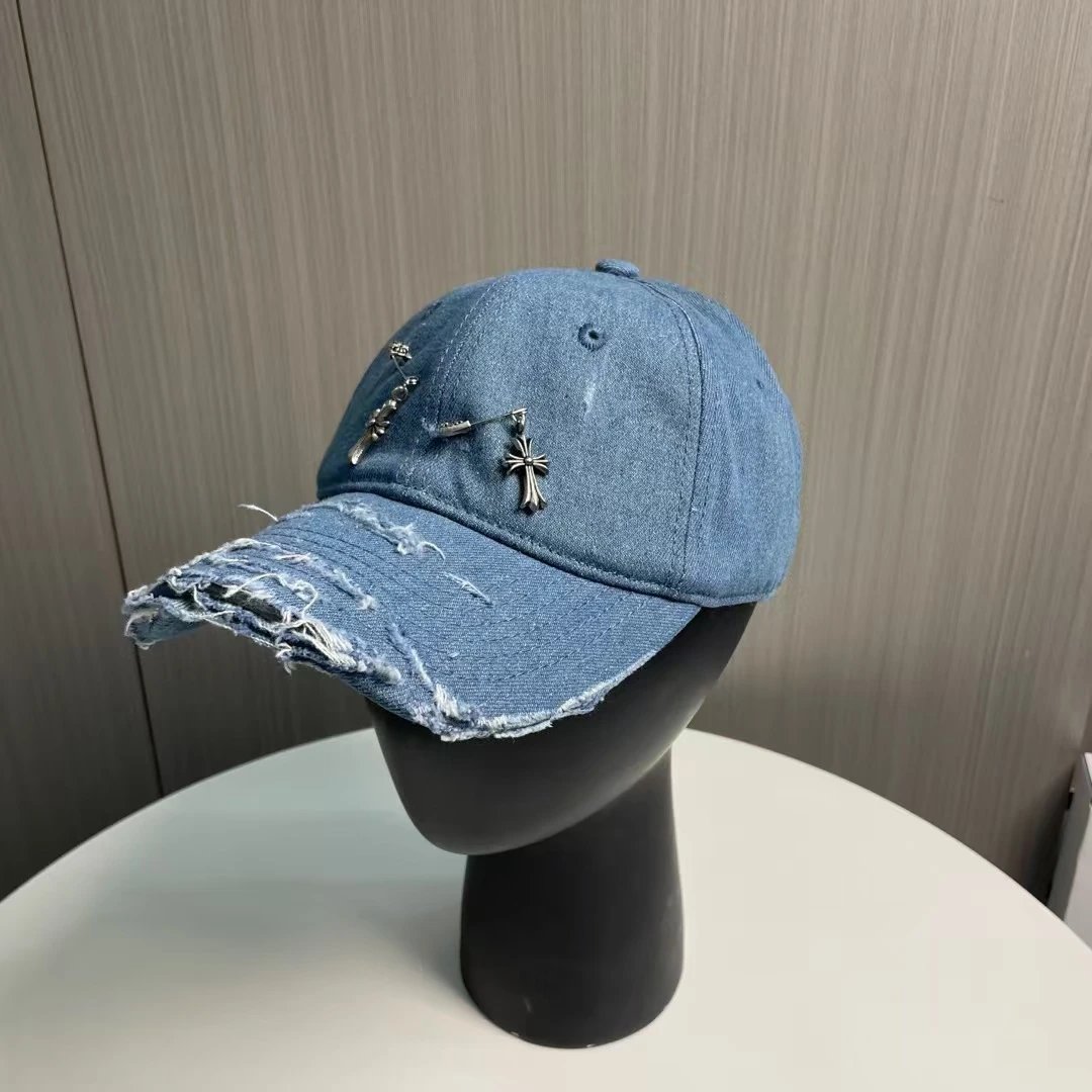 Denim Baseball Cap Black and Blue Distressed Embellished Cross Charm Cap