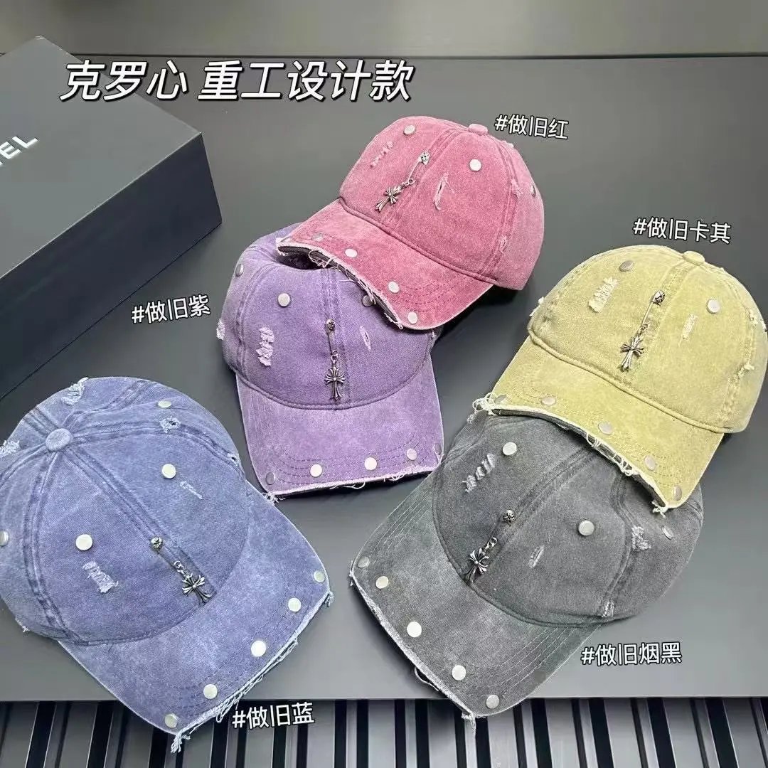Distressed Denim Baseball Cap with Cross Charm and Rivets Vintage Style