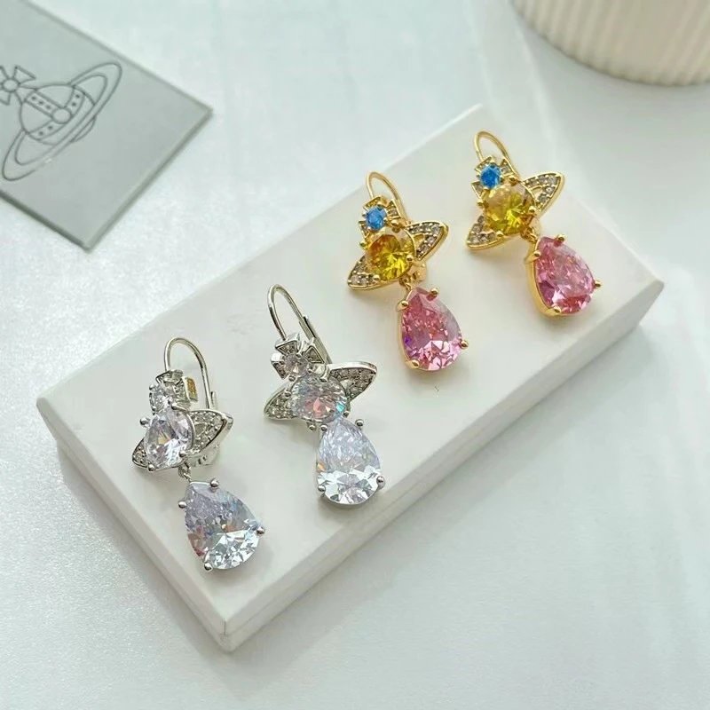 Vivienne Westwood Orb Clear Pink Yellow Crystal Drop Earrings