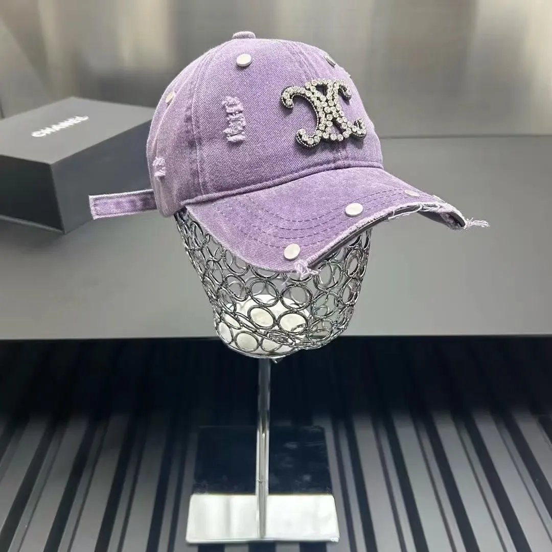 Chanel Hats Distressed Rhinestone Double-C Baseball Cap — purple