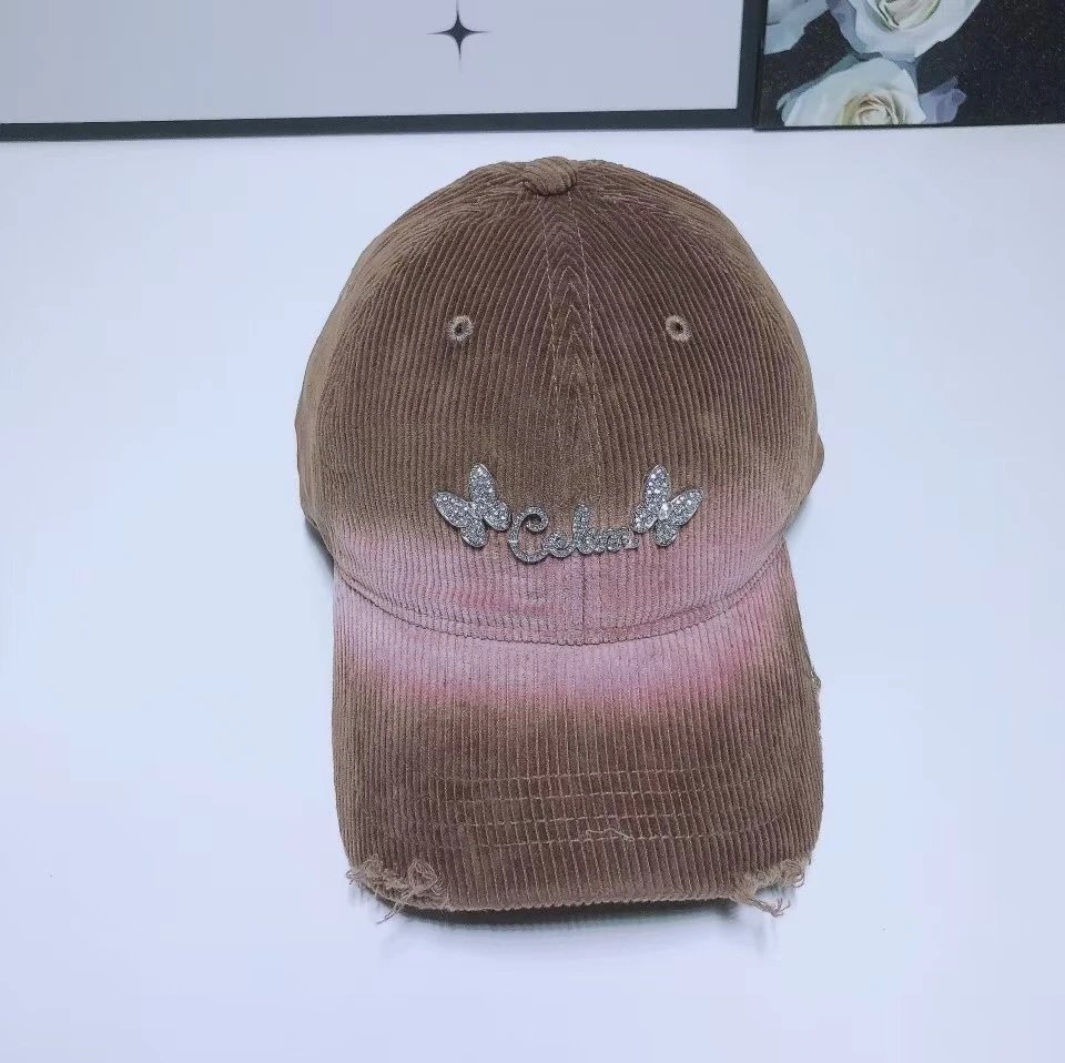 Unbranded Hats Corduroy baseball cap with rhinestone butterfly decoration — Coffee color