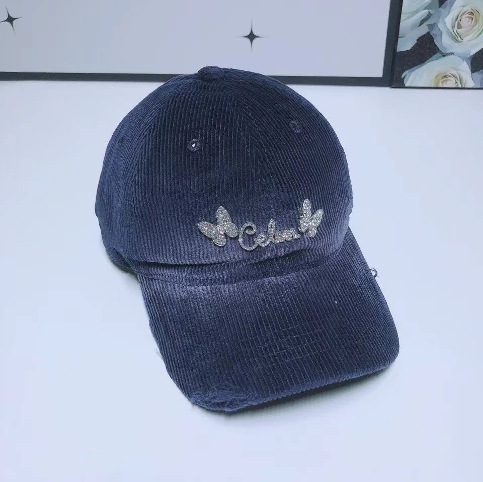 Unbranded Hats Corduroy baseball cap with rhinestone butterfly decoration — Navy Blue