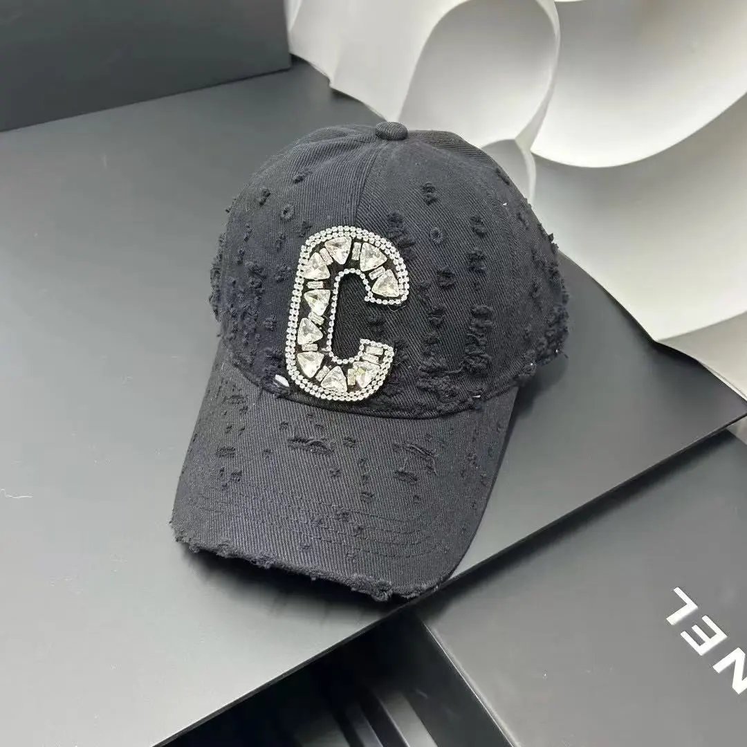Unbranded Hats Distressed Rhinestone C Letter Baseball Cap — Black