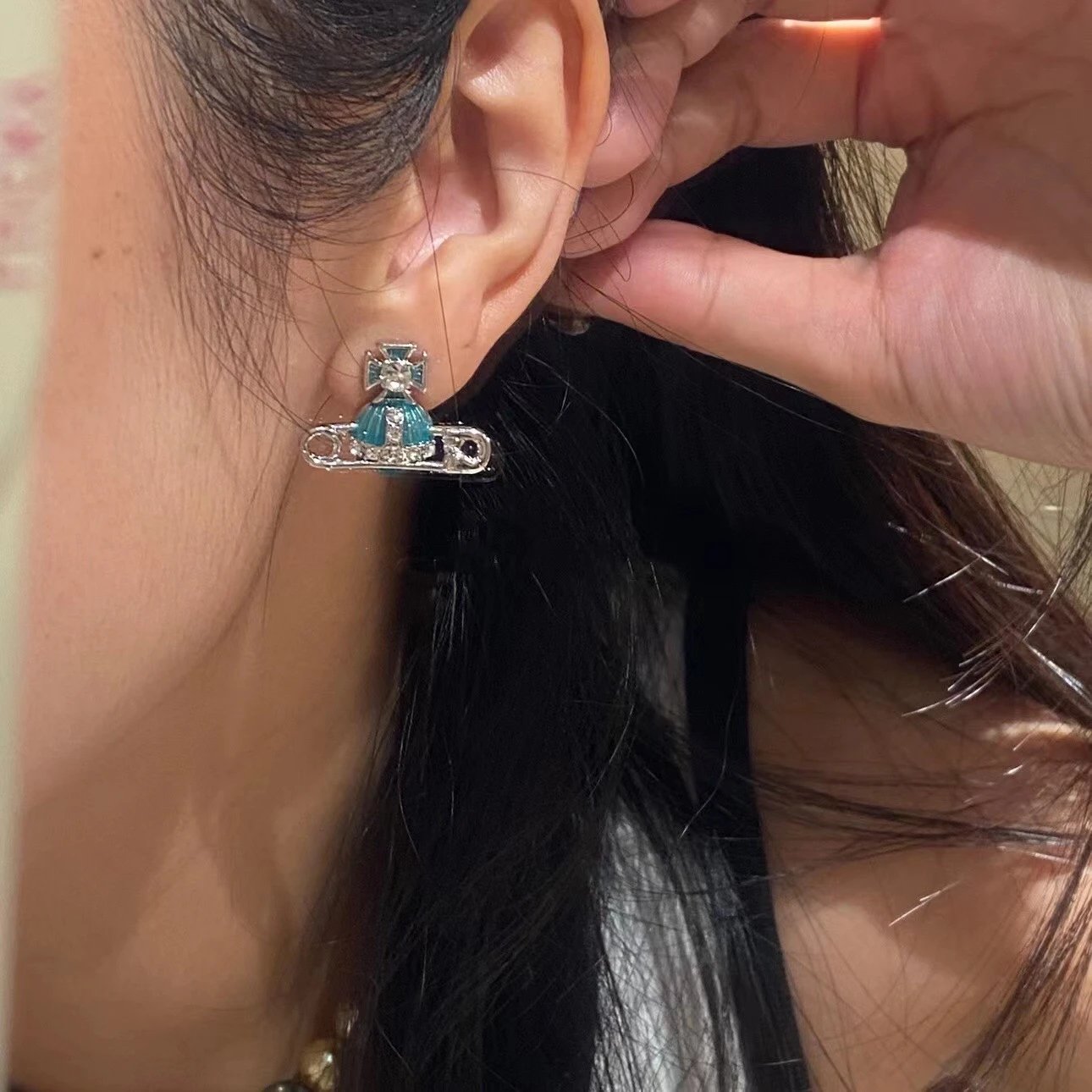 Vivienne Westwood Orb Blue Enamel Crystal Safety Pin Earrings