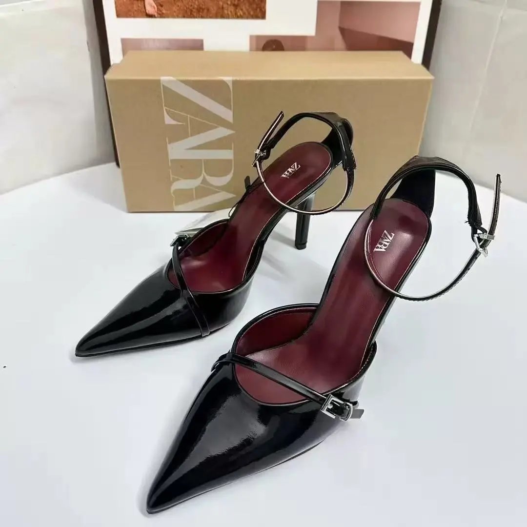 Zara High Heels Pointed-Toe Ankle-Strap Stiletto — Black