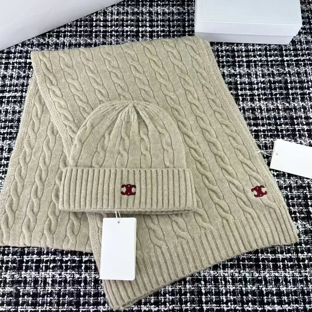 Chanel Cable Knit Gray Beanie And Scarf Set