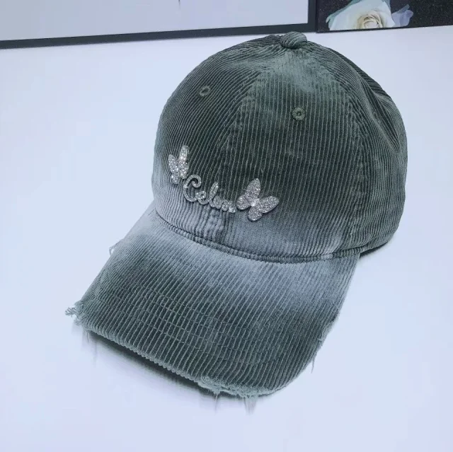 Unbranded Hats Corduroy baseball cap with rhinestone butterfly decoration product detail image 6